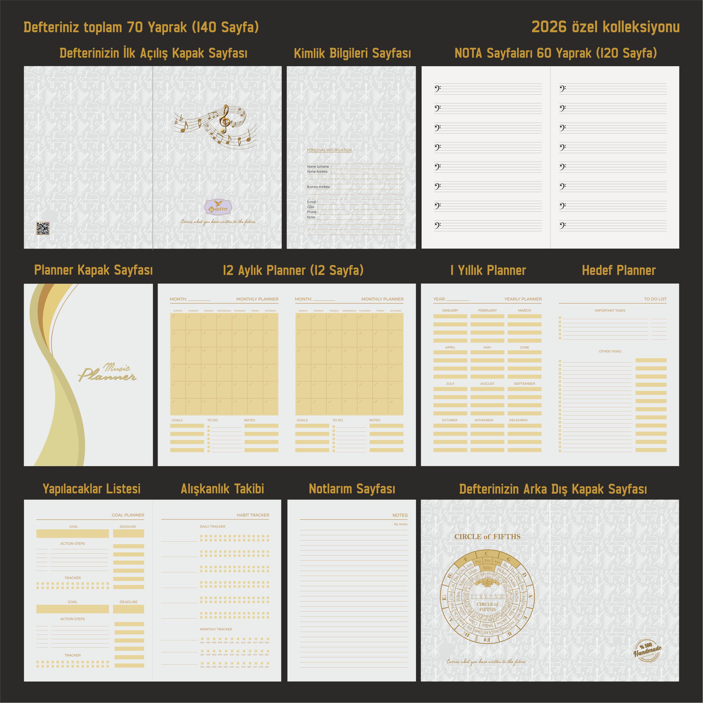 Müzik Defteri Fa Anahtarlı Nota Kağıdı – Termo Deri Ciltli