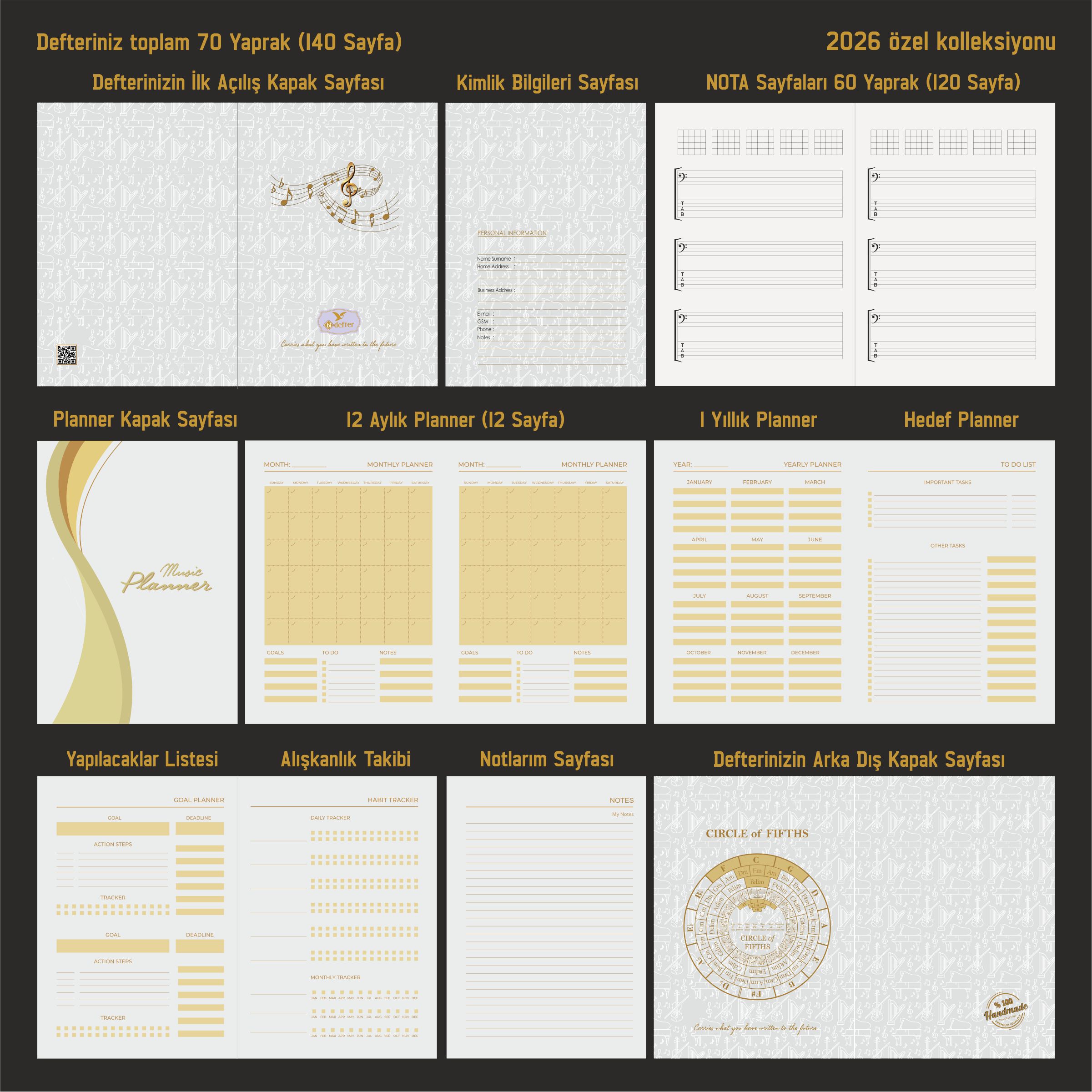 Gitar Nota Defteri Fa ve Tab Anahtarlı Akortlu Nota Kağıdı  – Kuşe Kağıt Ciltli